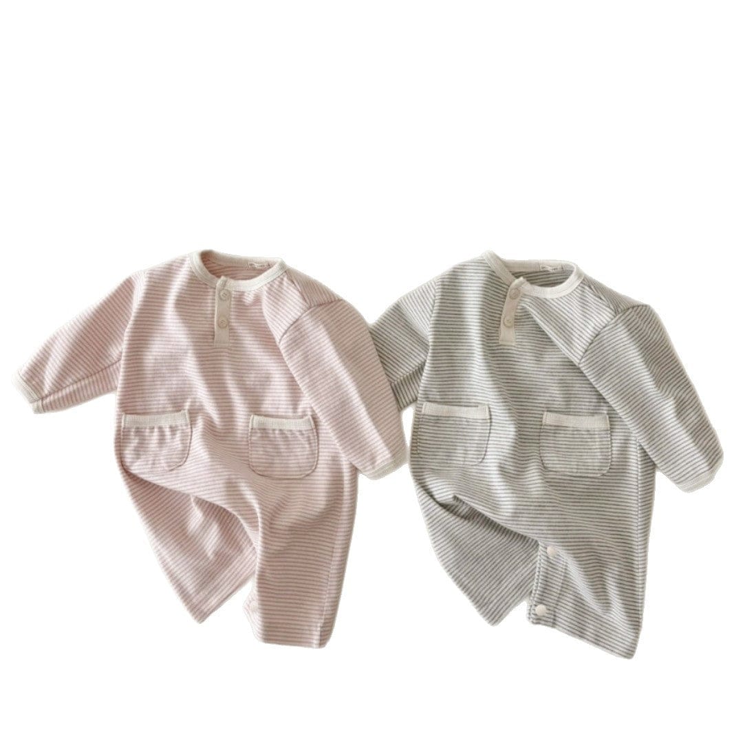 長袖ロンパース ボーダー長袖ロンパース+ボンネット帽子セット【mh0010598】