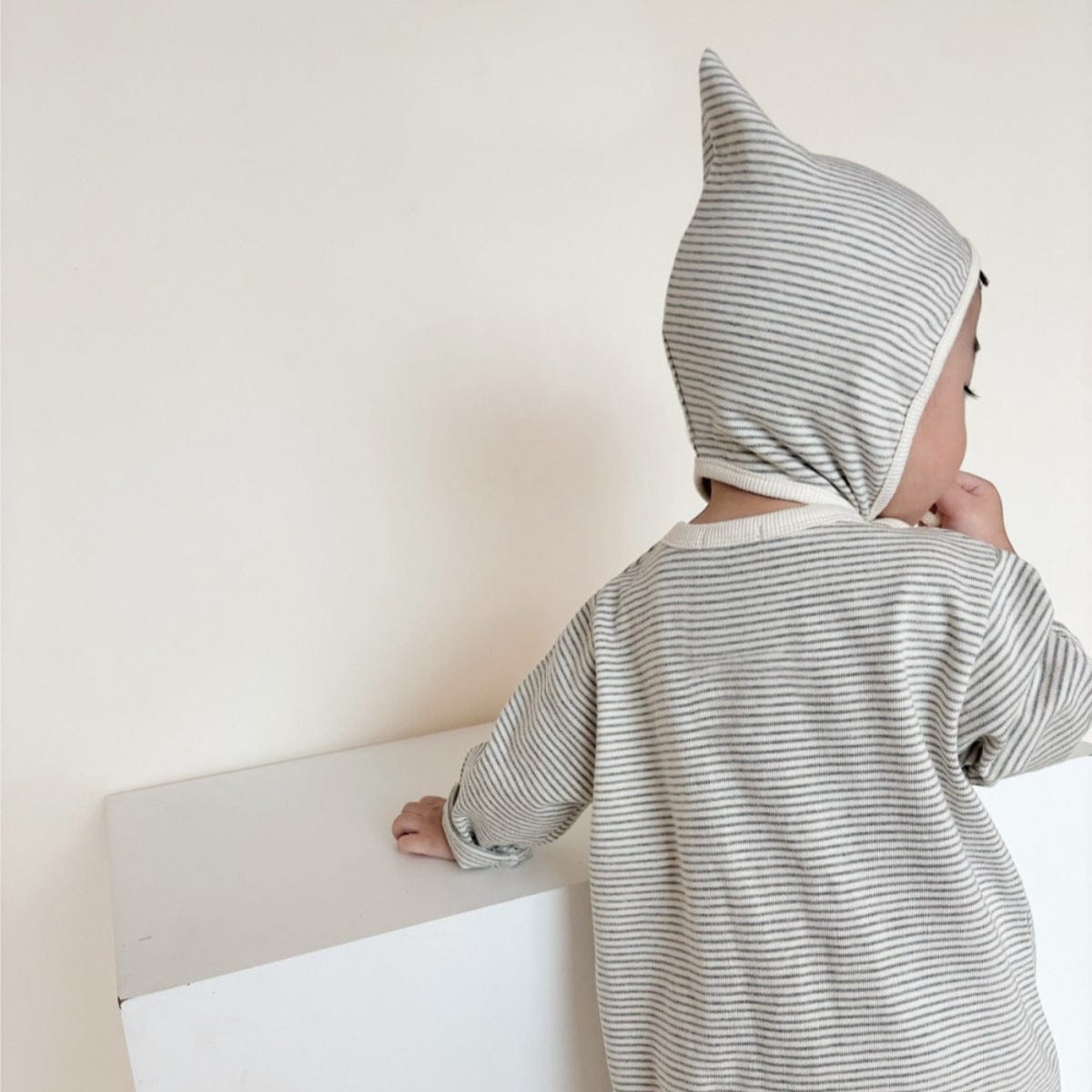 長袖ロンパース ボーダー長袖ロンパース+ボンネット帽子セット【mh0010598】