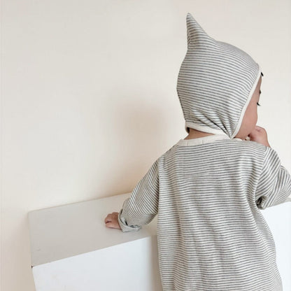 長袖ロンパース ボーダー長袖ロンパース+ボンネット帽子セット【mh0010598】