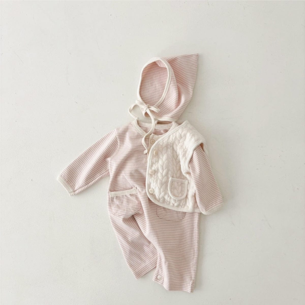 長袖ロンパース ボーダー長袖ロンパース+ボンネット帽子セット【mh0010598】