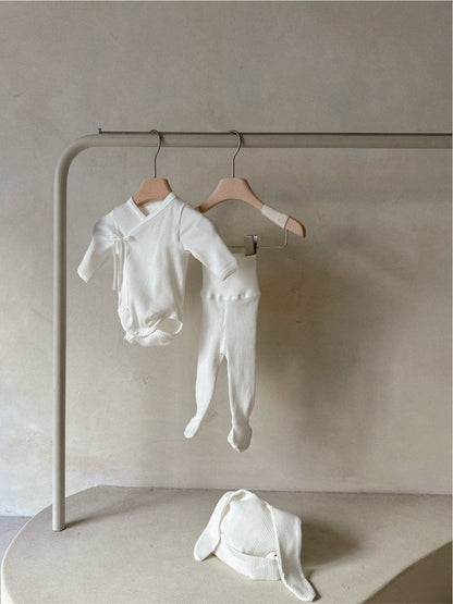 ロンパースセットアップ 長袖ベビー肌着ロンパース+足付きレギンスパンツ+うさ耳帽子セット【mh0010599】