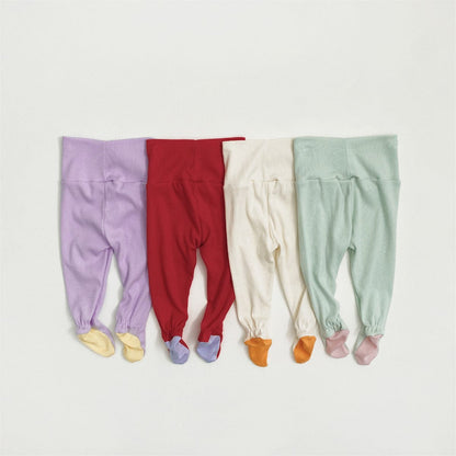 ロンパースセットアップ バイカラー長袖ロンパース+足付きレギンスパンツ+ボンネット帽子セット【mh0010604】