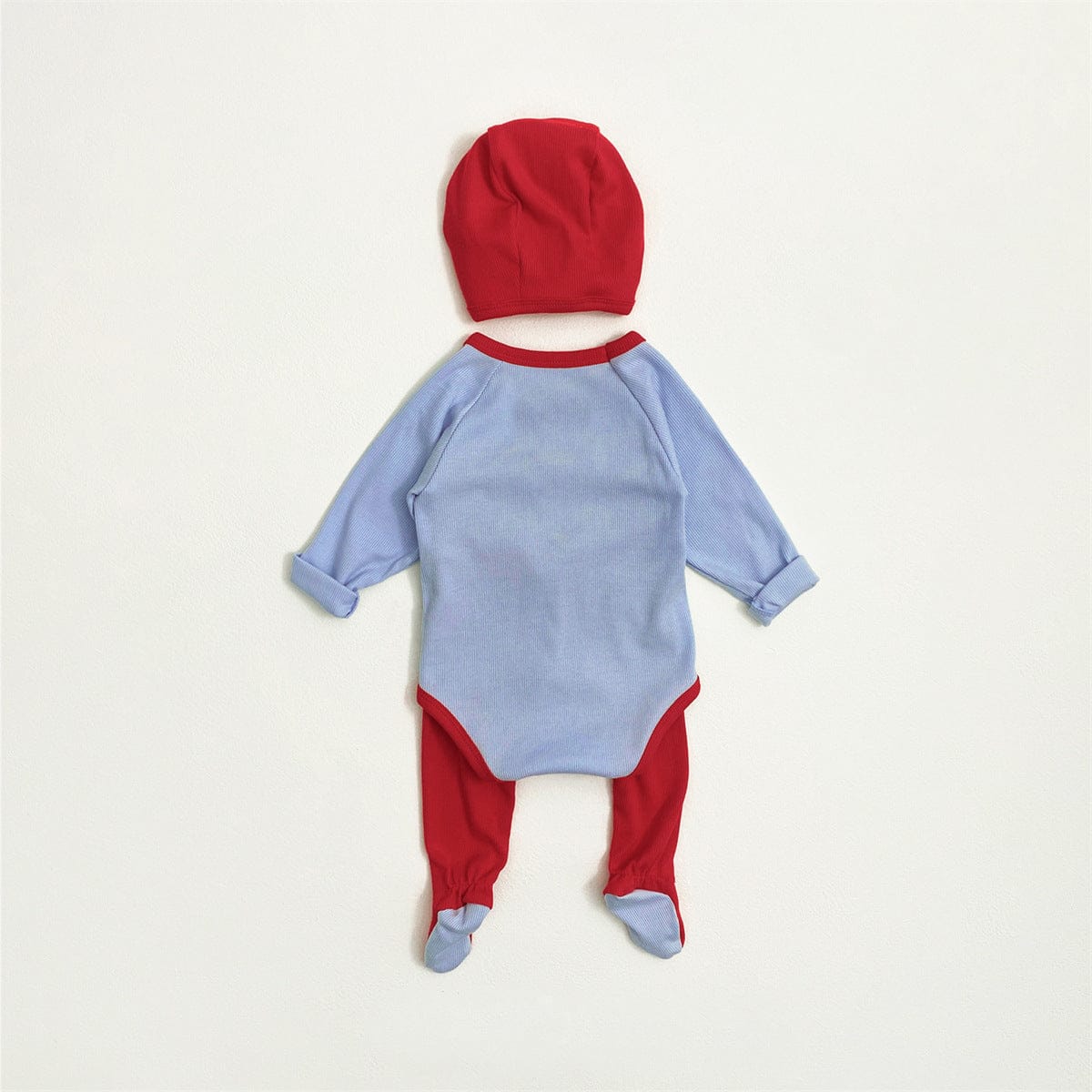 ロンパースセットアップ バイカラー長袖ロンパース+足付きレギンスパンツ+ボンネット帽子セット【mh0010604】