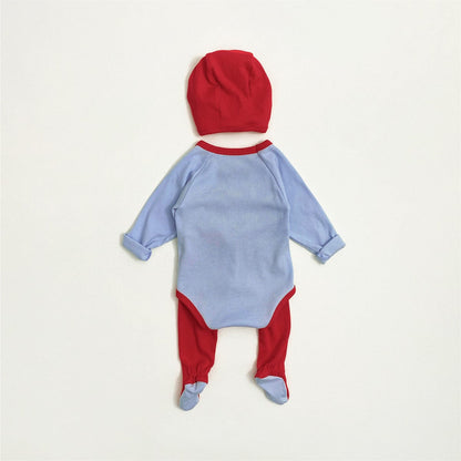 ロンパースセットアップ バイカラー長袖ロンパース+足付きレギンスパンツ+ボンネット帽子セット【mh0010604】