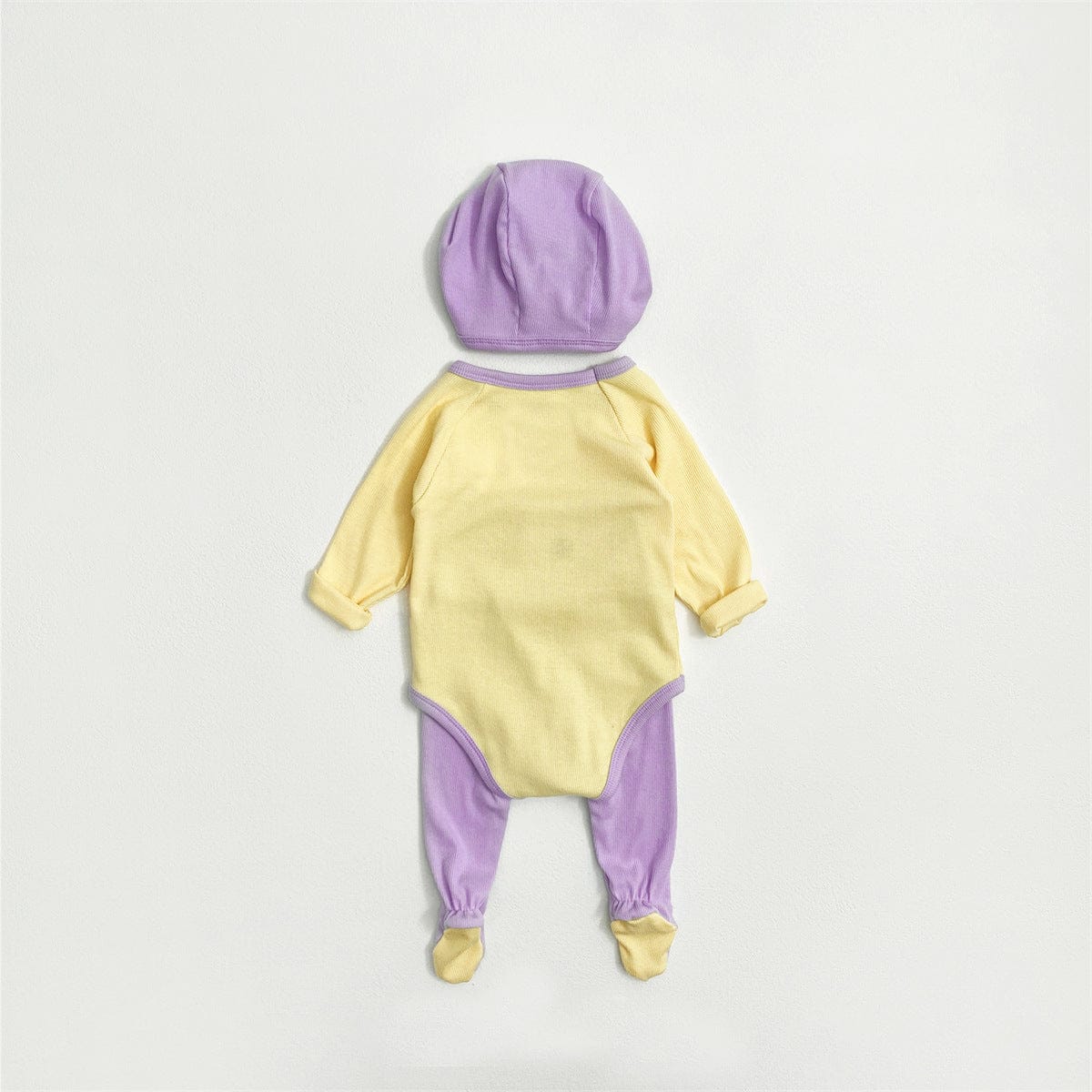 ロンパースセットアップ バイカラー長袖ロンパース+足付きレギンスパンツ+ボンネット帽子セット【mh0010604】