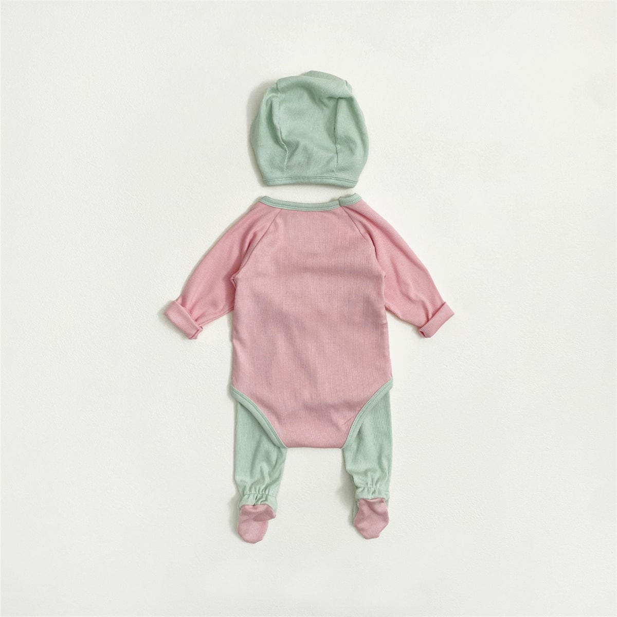 ロンパースセットアップ バイカラー長袖ロンパース+足付きレギンスパンツ+ボンネット帽子セット【mh0010604】