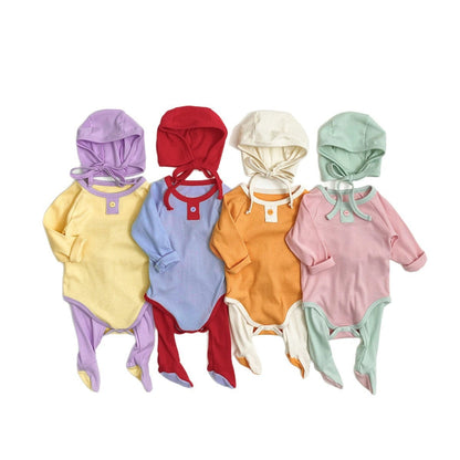 ロンパースセットアップ バイカラー長袖ロンパース+足付きレギンスパンツ+ボンネット帽子セット【mh0010604】