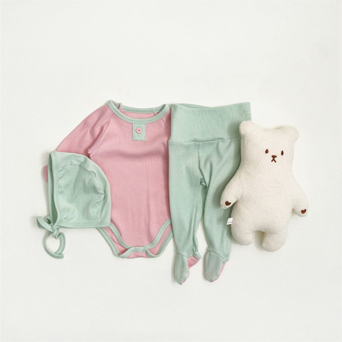 ロンパースセットアップ バイカラー長袖ロンパース+足付きレギンスパンツ+ボンネット帽子セット【mh0010604】