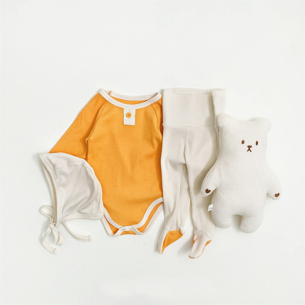 ロンパースセットアップ バイカラー長袖ロンパース+足付きレギンスパンツ+ボンネット帽子セット【mh0010604】