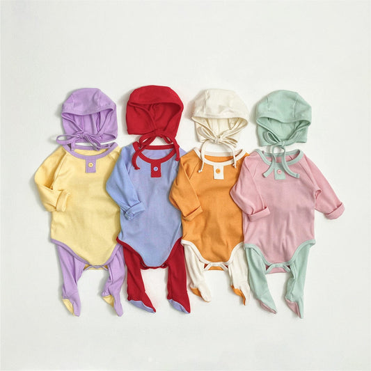 ロンパースセットアップ バイカラー長袖ロンパース+足付きレギンスパンツ+ボンネット帽子セット【mh0010604】