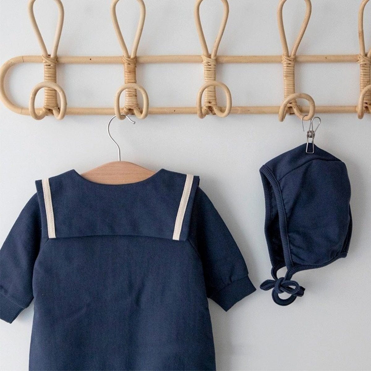 長袖ロンパース セーラーカラーロンパース ボンネット付き 長袖スウェット ボディスーツ【mh0010884】