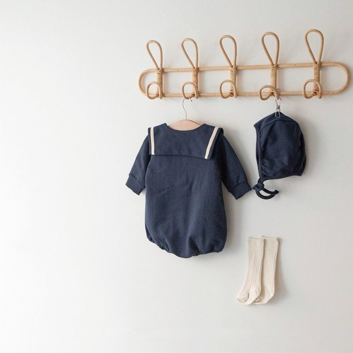 長袖ロンパース セーラーカラーロンパース ボンネット付き 長袖スウェット ボディスーツ【mh0010884】