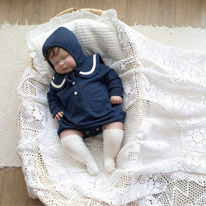 長袖ロンパース セーラーカラーロンパース ボンネット付き 長袖スウェット ボディスーツ【mh0010884】