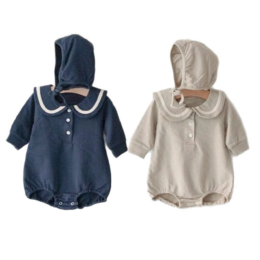 長袖ロンパース セーラーカラーロンパース ボンネット付き 長袖スウェット ボディスーツ【mh0010884】