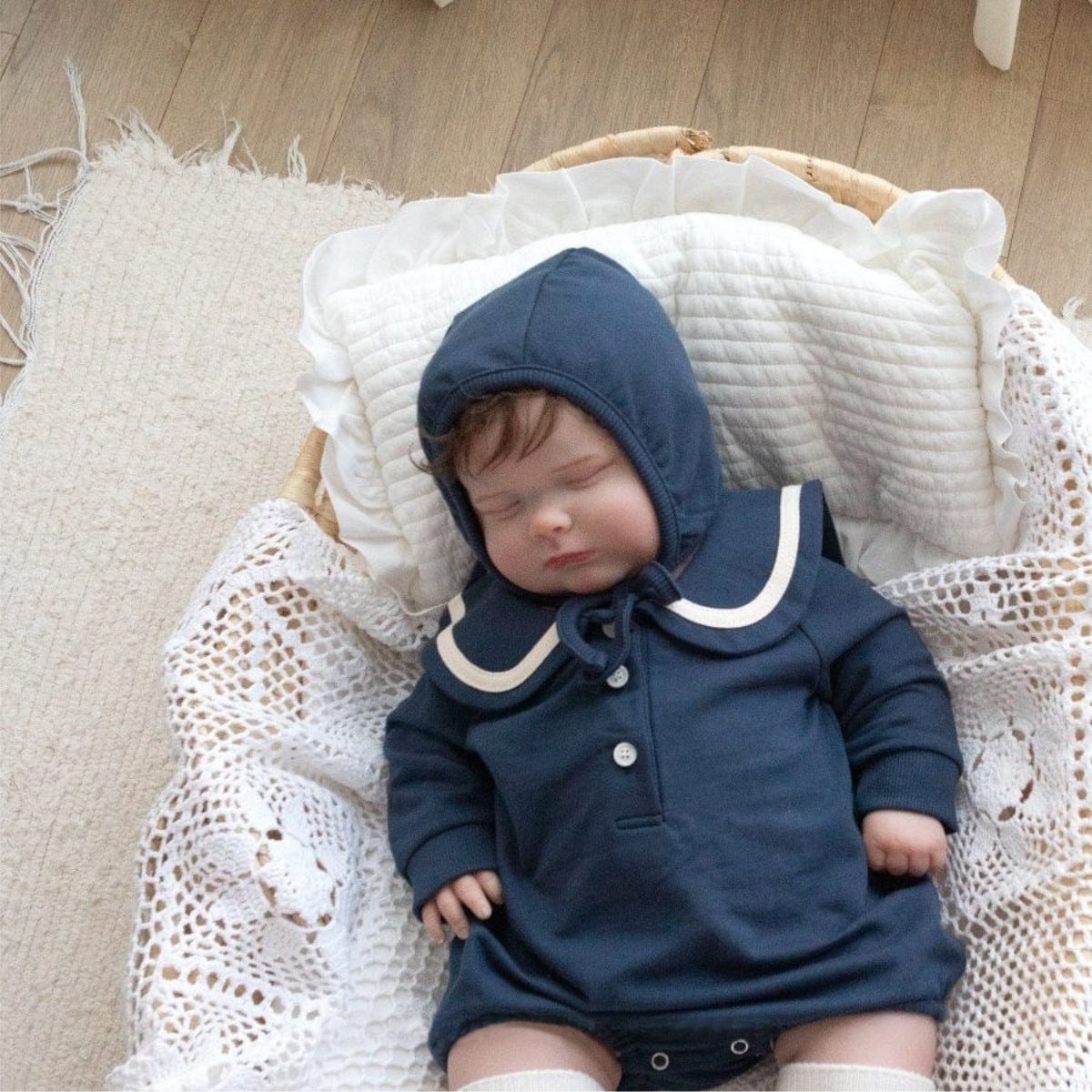 長袖ロンパース セーラーカラーロンパース ボンネット付き 長袖スウェット ボディスーツ【mh0010884】