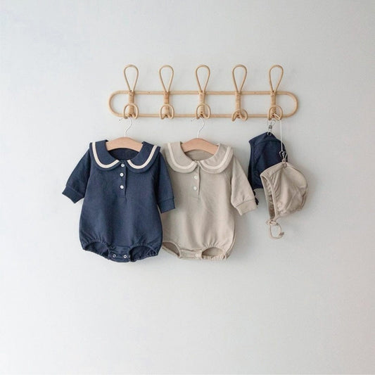 長袖ロンパース セーラーカラーロンパース ボンネット付き 長袖スウェット ボディスーツ【mh0010884】