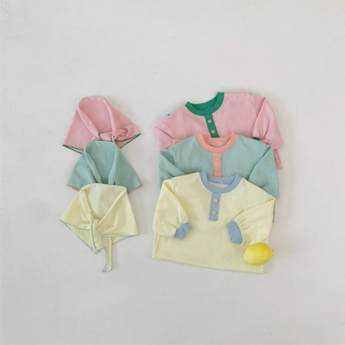 長袖ロンパース パステルカラーロンパース ショール付き バイカラー長袖コットンカバーオール【mh0010885】