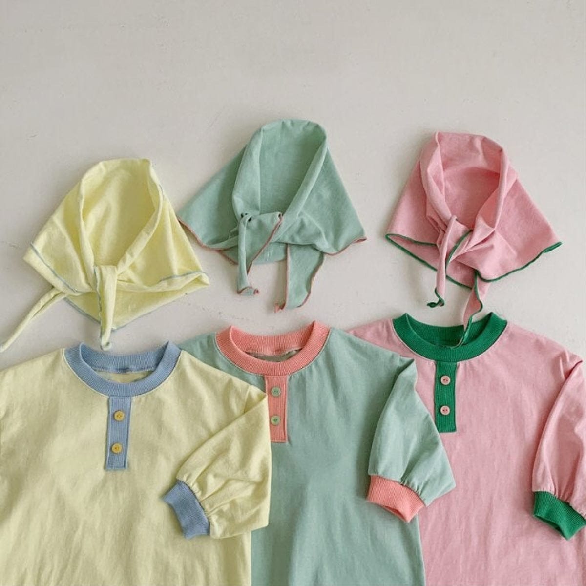 長袖ロンパース パステルカラーロンパース ショール付き バイカラー長袖コットンカバーオール【mh0010885】