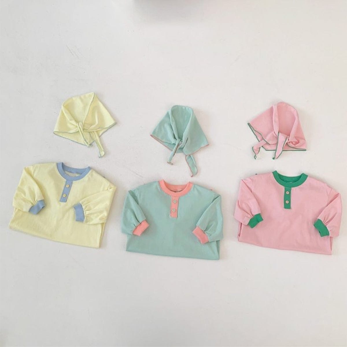 長袖ロンパース パステルカラーロンパース ショール付き バイカラー長袖コットンカバーオール【mh0010885】