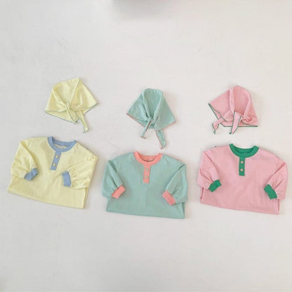 長袖ロンパース パステルカラーロンパース ショール付き バイカラー長袖コットンカバーオール【mh0010885】