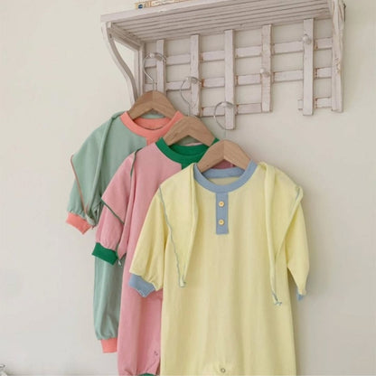 長袖ロンパース パステルカラーロンパース ショール付き バイカラー長袖コットンカバーオール【mh0010885】