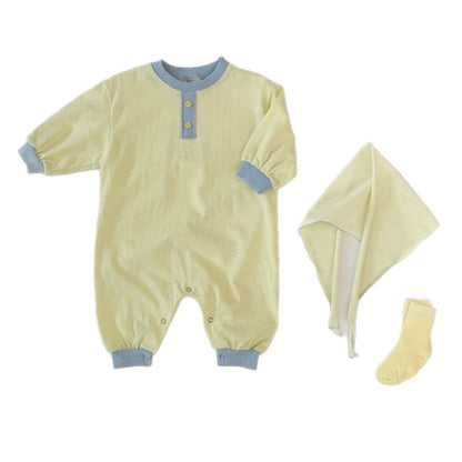 長袖ロンパース パステルカラーロンパース ショール付き バイカラー長袖コットンカバーオール【mh0010885】