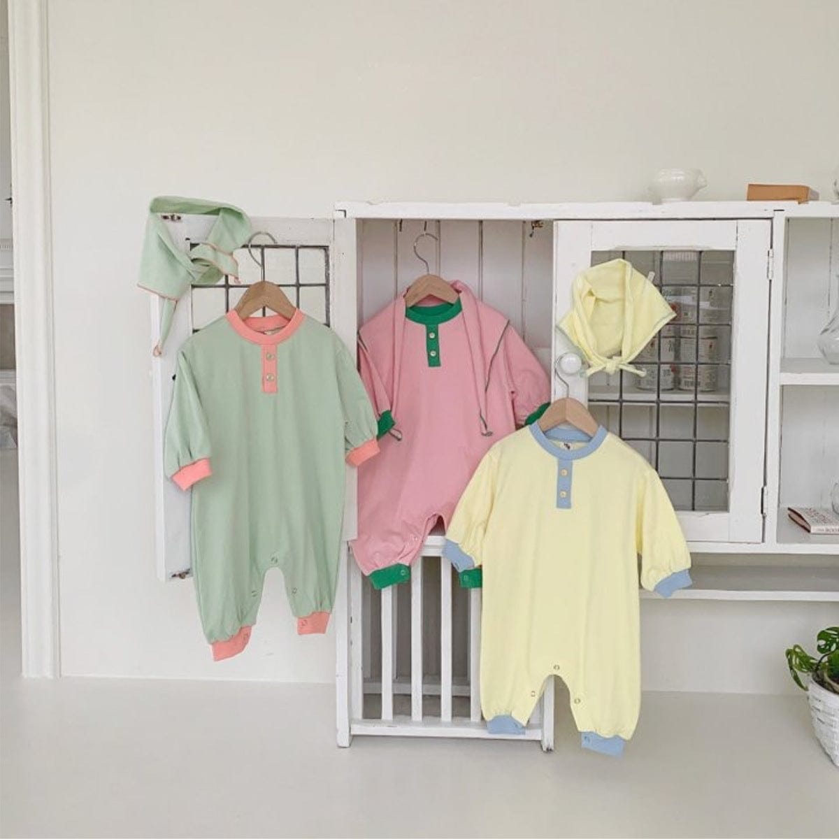 長袖ロンパース パステルカラーロンパース ショール付き バイカラー長袖コットンカバーオール【mh0010885】