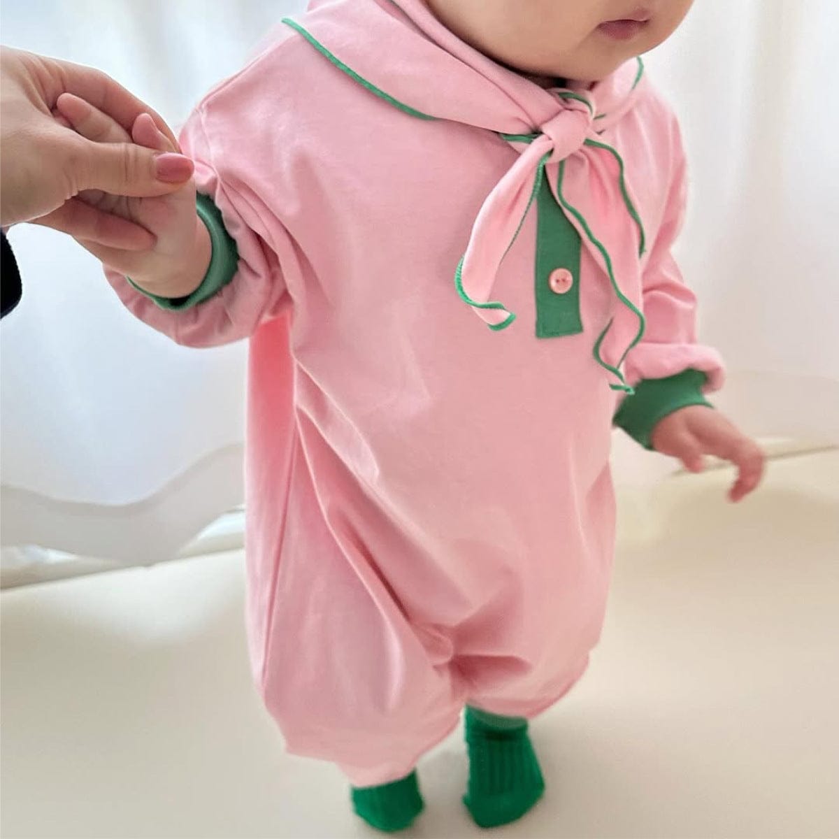 長袖ロンパース パステルカラーロンパース ショール付き バイカラー長袖コットンカバーオール【mh0010885】