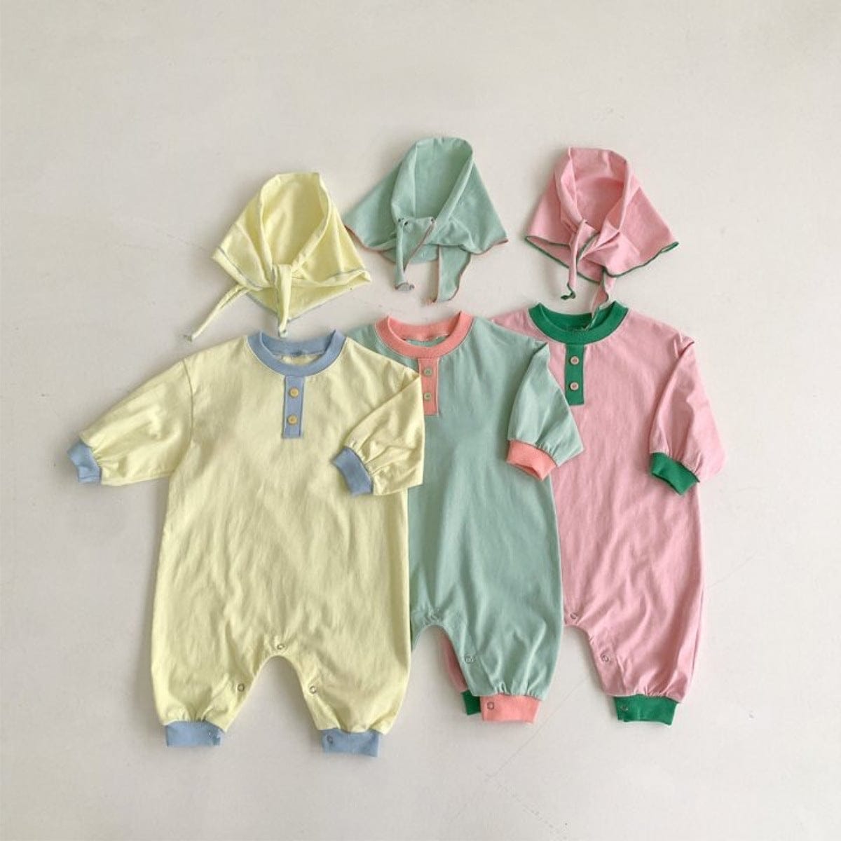 長袖ロンパース パステルカラーロンパース ショール付き バイカラー長袖コットンカバーオール【mh0010885】