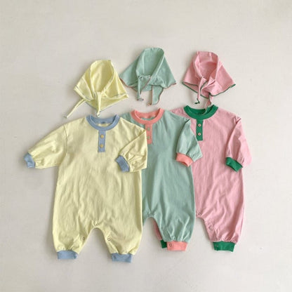 長袖ロンパース パステルカラーロンパース ショール付き バイカラー長袖コットンカバーオール【mh0010885】