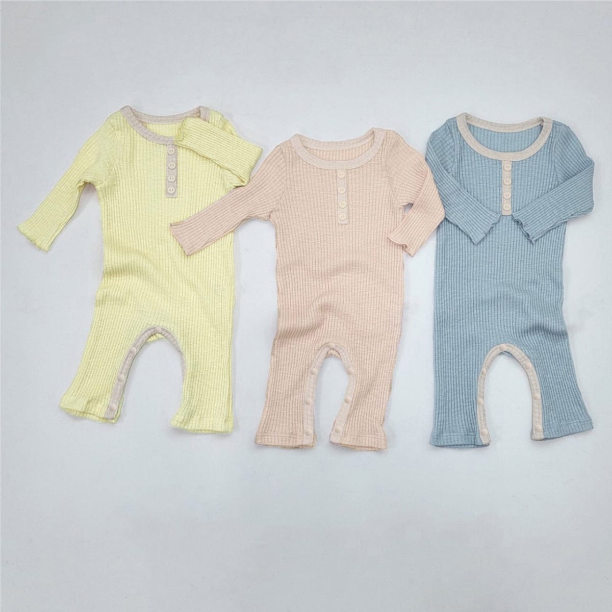 長袖ロンパース リブ編みロンパース 長袖 ヘンリーネック バイカラーパイピング コットンカバーオール【mh0010888】