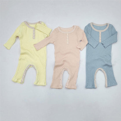 長袖ロンパース リブ編みロンパース 長袖 ヘンリーネック バイカラーパイピング コットンカバーオール【mh0010888】