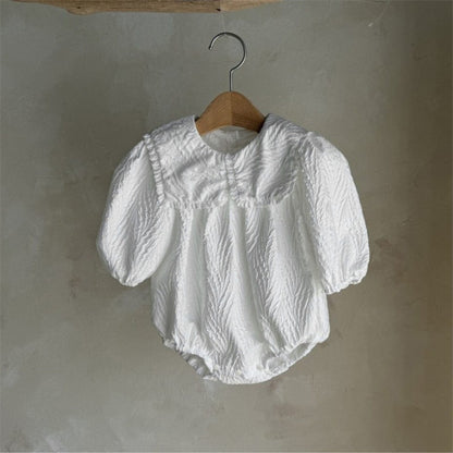 長袖ロンパース フリル襟ロンパース ビッグリボン付き ジャガード生地 長袖カバーオール【mh0010890】