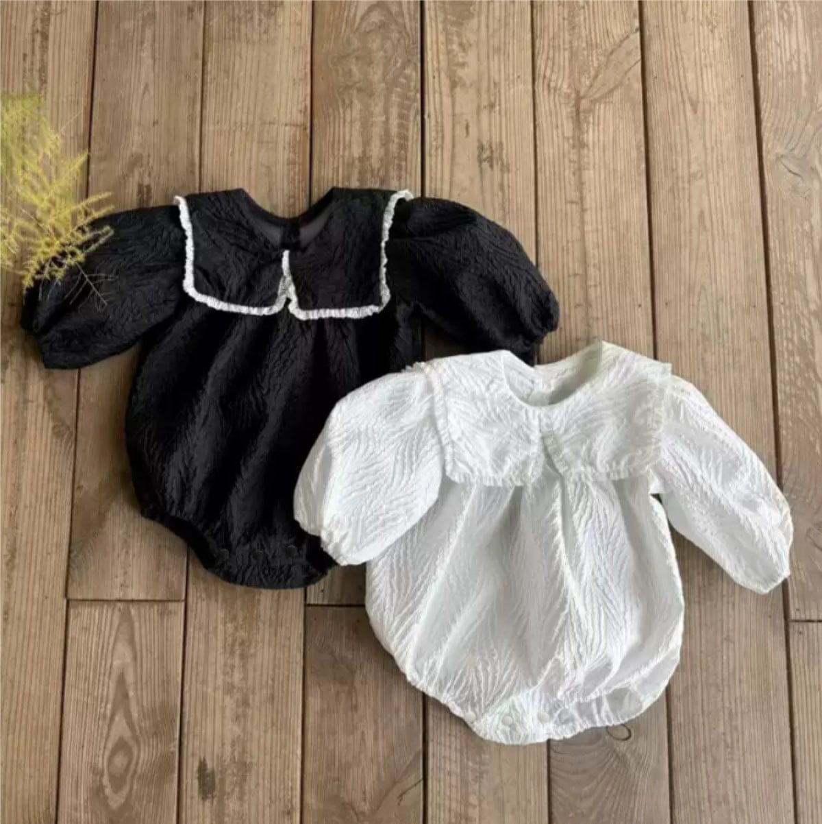 長袖ロンパース フリル襟ロンパース ビッグリボン付き ジャガード生地 長袖カバーオール【mh0010890】