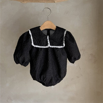 長袖ロンパース フリル襟ロンパース ビッグリボン付き ジャガード生地 長袖カバーオール【mh0010890】