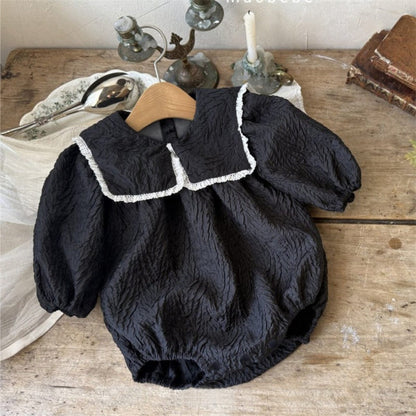 長袖ロンパース フリル襟ロンパース ビッグリボン付き ジャガード生地 長袖カバーオール【mh0010890】