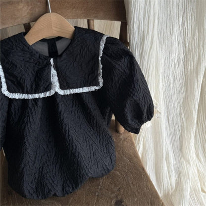 長袖ロンパース フリル襟ロンパース ビッグリボン付き ジャガード生地 長袖カバーオール【mh0010890】