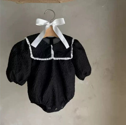 長袖ロンパース フリル襟ロンパース ビッグリボン付き ジャガード生地 長袖カバーオール【mh0010890】