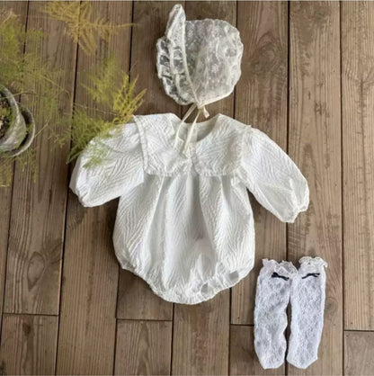 長袖ロンパース フリル襟ロンパース ビッグリボン付き ジャガード生地 長袖カバーオール【mh0010890】