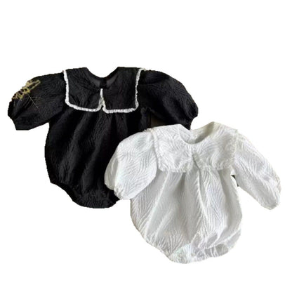 長袖ロンパース フリル襟ロンパース ビッグリボン付き ジャガード生地 長袖カバーオール【mh0010890】