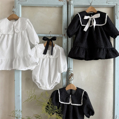 長袖ロンパース フリル襟ロンパース ビッグリボン付き ジャガード生地 長袖カバーオール【mh0010890】