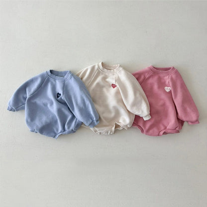 長袖ロンパース ハート刺繍ロンパース ラグラン袖 スウェット コットンボディスーツ【mh0010892】