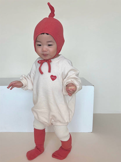 長袖ロンパース ハート刺繍ロンパース ラグラン袖 スウェット コットンボディスーツ【mh0010892】