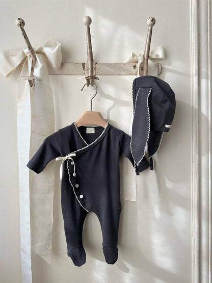 長袖ロンパース フロントリボンロンパース 足つきデザイン コットン新生児カバーオール【mh0010893】