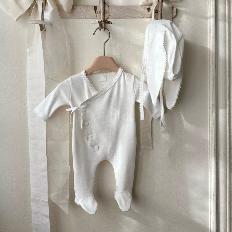 長袖ロンパース フロントリボンロンパース 足つきデザイン コットン新生児カバーオール【mh0010893】