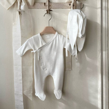 長袖ロンパース フロントリボンロンパース 足つきデザイン コットン新生児カバーオール【mh0010893】