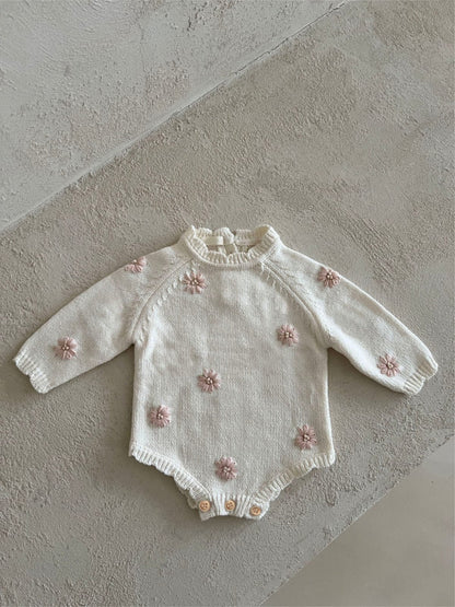 長袖ロンパース ぷっくり刺繍フラワーニットロンパース メロウ 長袖ベビーカバーオール【mh0010894】