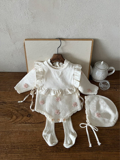 長袖ロンパース ぷっくり刺繍フラワーニットロンパース メロウ 長袖ベビーカバーオール【mh0010894】