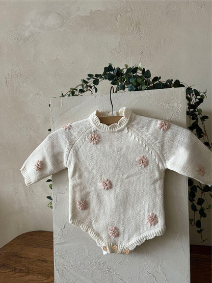 長袖ロンパース ぷっくり刺繍フラワーニットロンパース メロウ 長袖ベビーカバーオール【mh0010894】