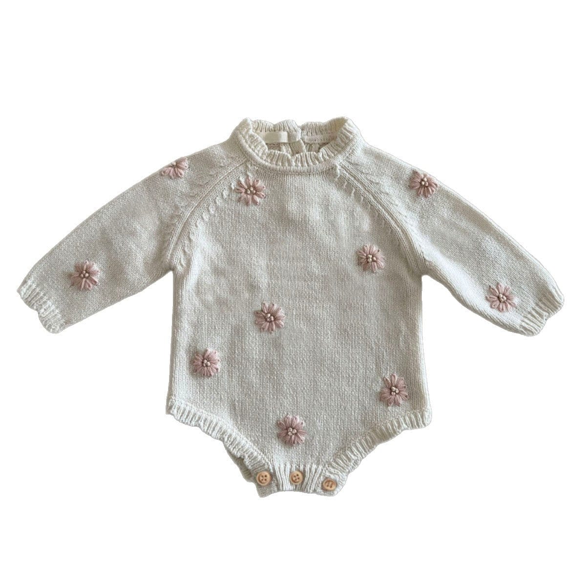 長袖ロンパース ぷっくり刺繍フラワーニットロンパース メロウ 長袖ベビーカバーオール【mh0010894】